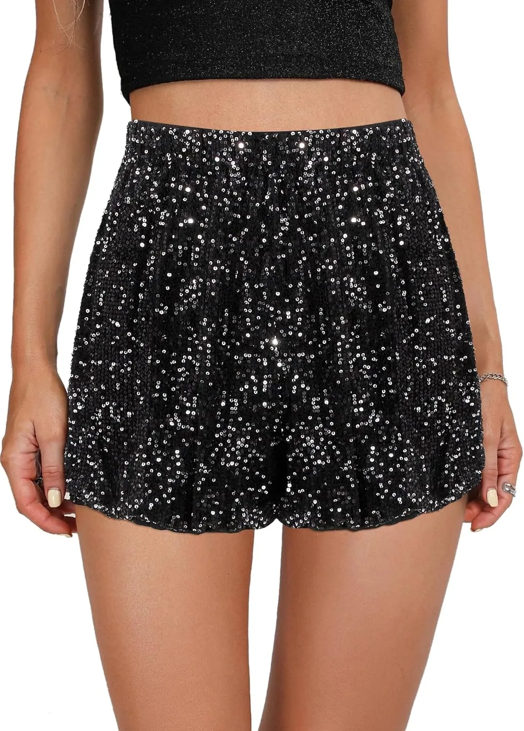 Women's High Waist Casual Sequin Elastic Sparkly Hot Pants Party Glitter Club Straight Leg Shorts