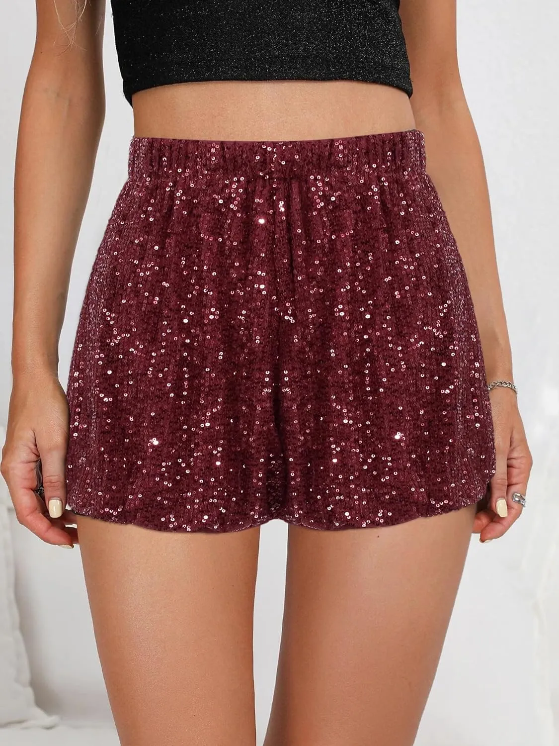 Women's High Waist Casual Sequin Elastic Sparkly Hot Pants Party Glitter Club Straight Leg Shorts