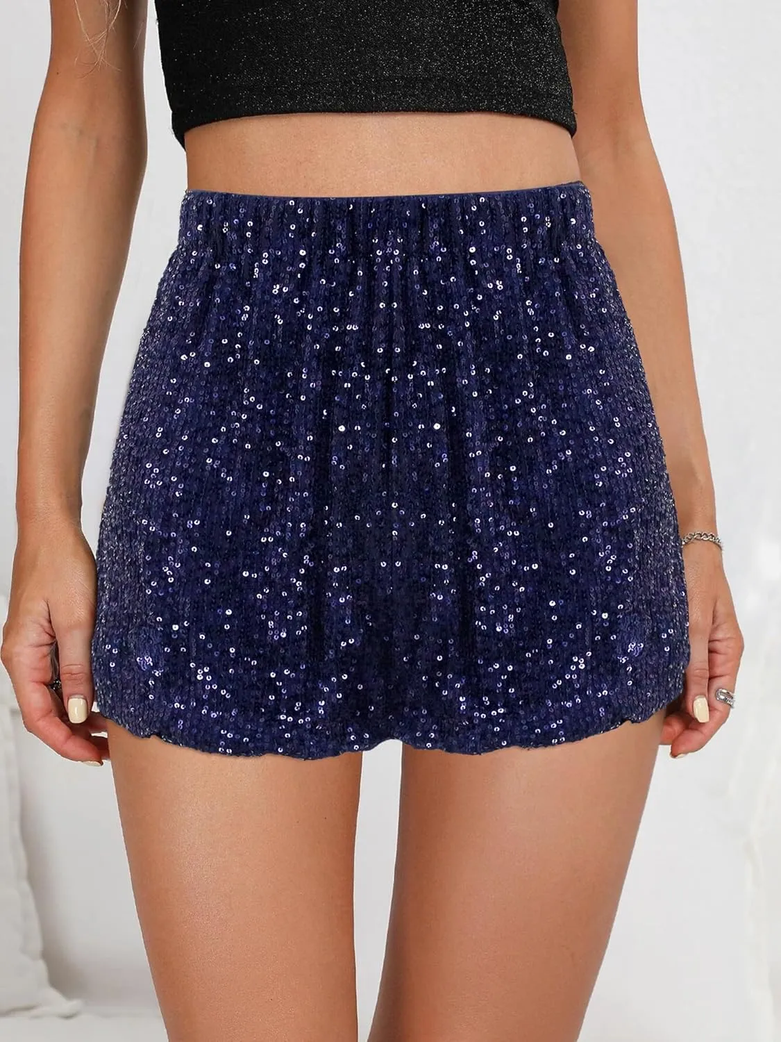 Women's High Waist Casual Sequin Elastic Sparkly Hot Pants Party Glitter Club Straight Leg Shorts