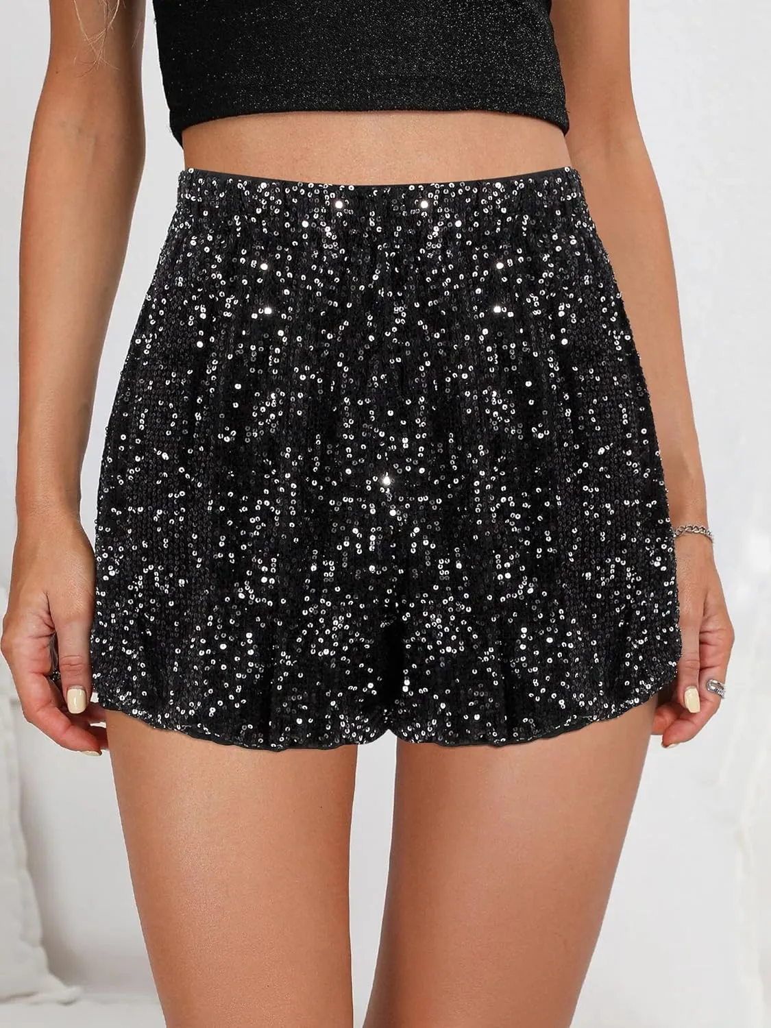 Women's High Waist Casual Sequin Elastic Sparkly Hot Pants Party Glitter Club Straight Leg Shorts