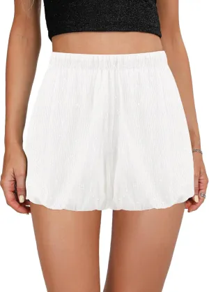 Women's High Waist Casual Sequin Elastic Sparkly Hot Pants Party Glitter Club Straight Leg Shorts