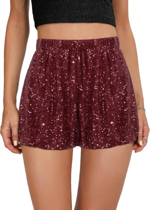 Women's High Waist Casual Sequin Elastic Sparkly Hot Pants Party Glitter Club Straight Leg Shorts