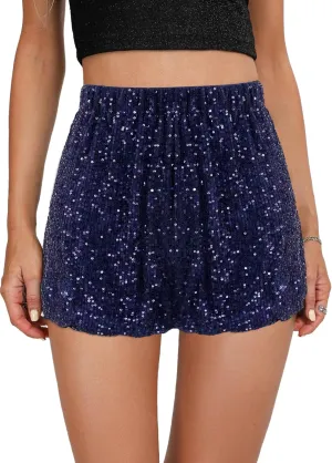 Women's High Waist Casual Sequin Elastic Sparkly Hot Pants Party Glitter Club Straight Leg Shorts