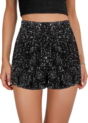 Women's High Waist Casual Sequin Elastic Sparkly Hot Pants Party Glitter Club Straight Leg Shorts