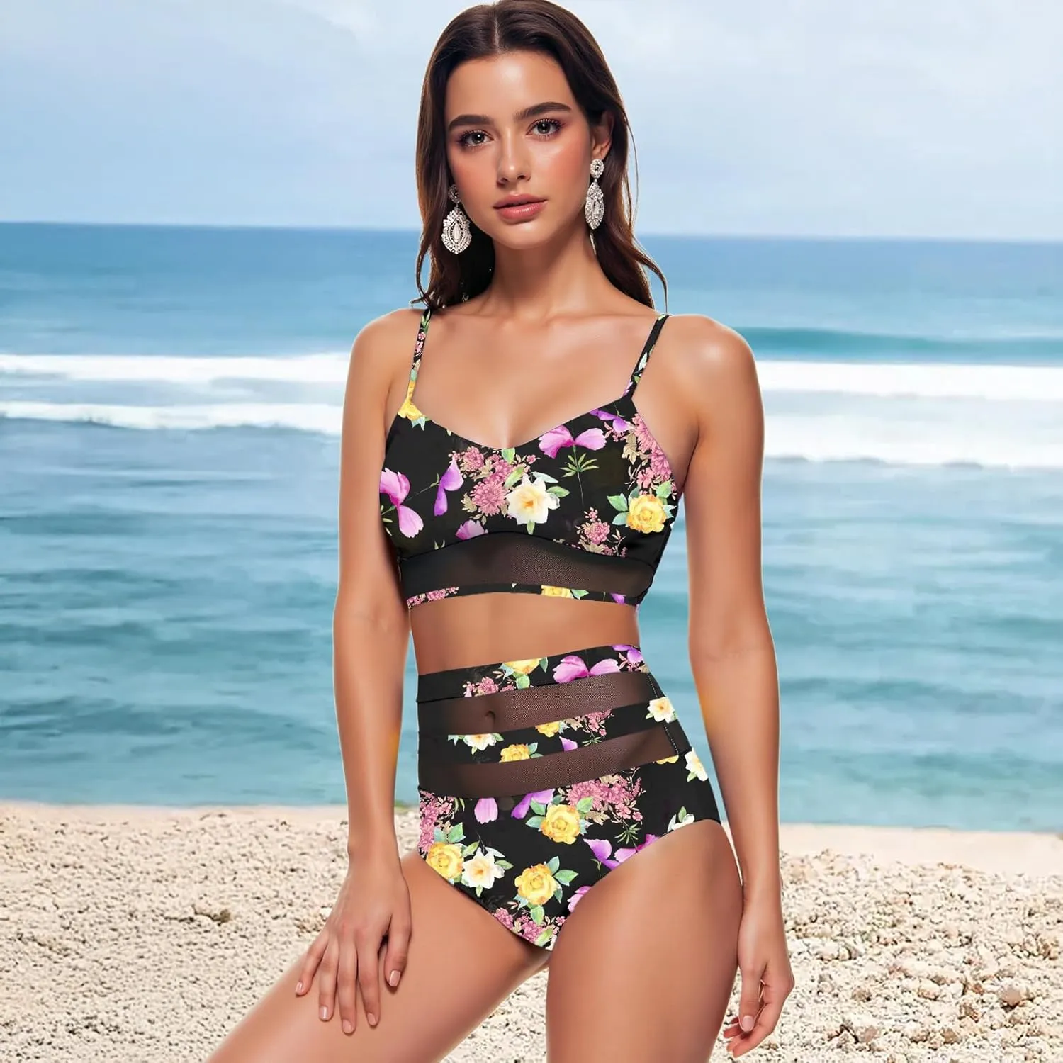 Womens High Waisted Bikini Swimsuits for Women 2025 Tummy Control Color Block Bathing Suits Two Piece Swimwear Sets