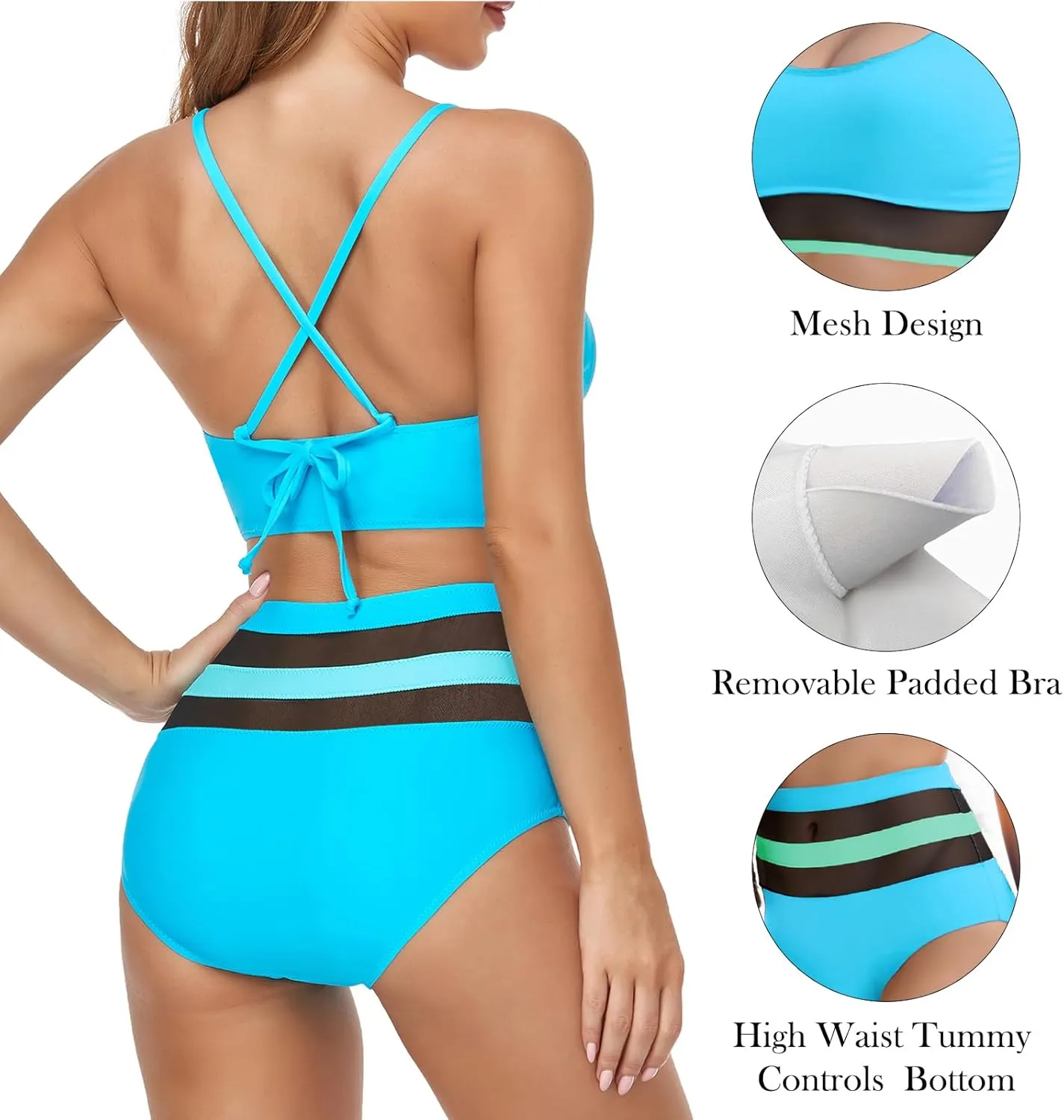 Womens High Waisted Bikini Swimsuits for Women 2025 Tummy Control Color Block Bathing Suits Two Piece Swimwear Sets