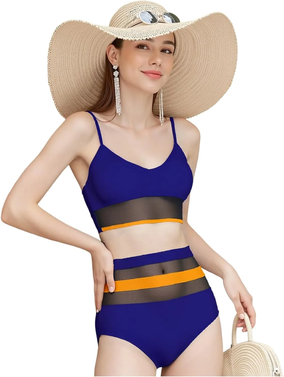 Womens High Waisted Bikini Swimsuits for Women 2025 Tummy Control Color Block Bathing Suits Two Piece Swimwear Sets