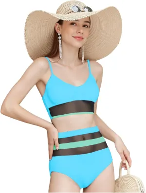 Womens High Waisted Bikini Swimsuits for Women 2025 Tummy Control Color Block Bathing Suits Two Piece Swimwear Sets
