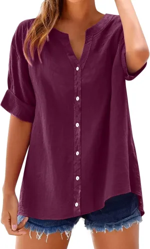 Womens Linen Button Down Shirts Short Sleeve Oversized Boyfriend Solid Tunic Tops Casual Dressy Tunics