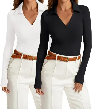 Womens Long Sleeve V Neck Polo Shirts Business Casual Collared Work Top Slim Fitted Basic 2024 Fall Outfit