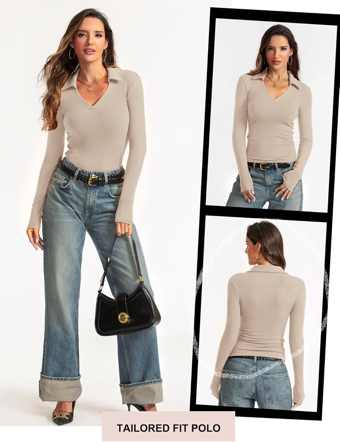 Womens Long Sleeve V Neck Polo Shirts Business Casual Collared Work Top Slim Fitted Basic 2024 Fall Outfit