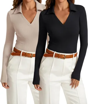 Womens Long Sleeve V Neck Polo Shirts Business Casual Collared Work Top Slim Fitted Basic 2024 Fall Outfit