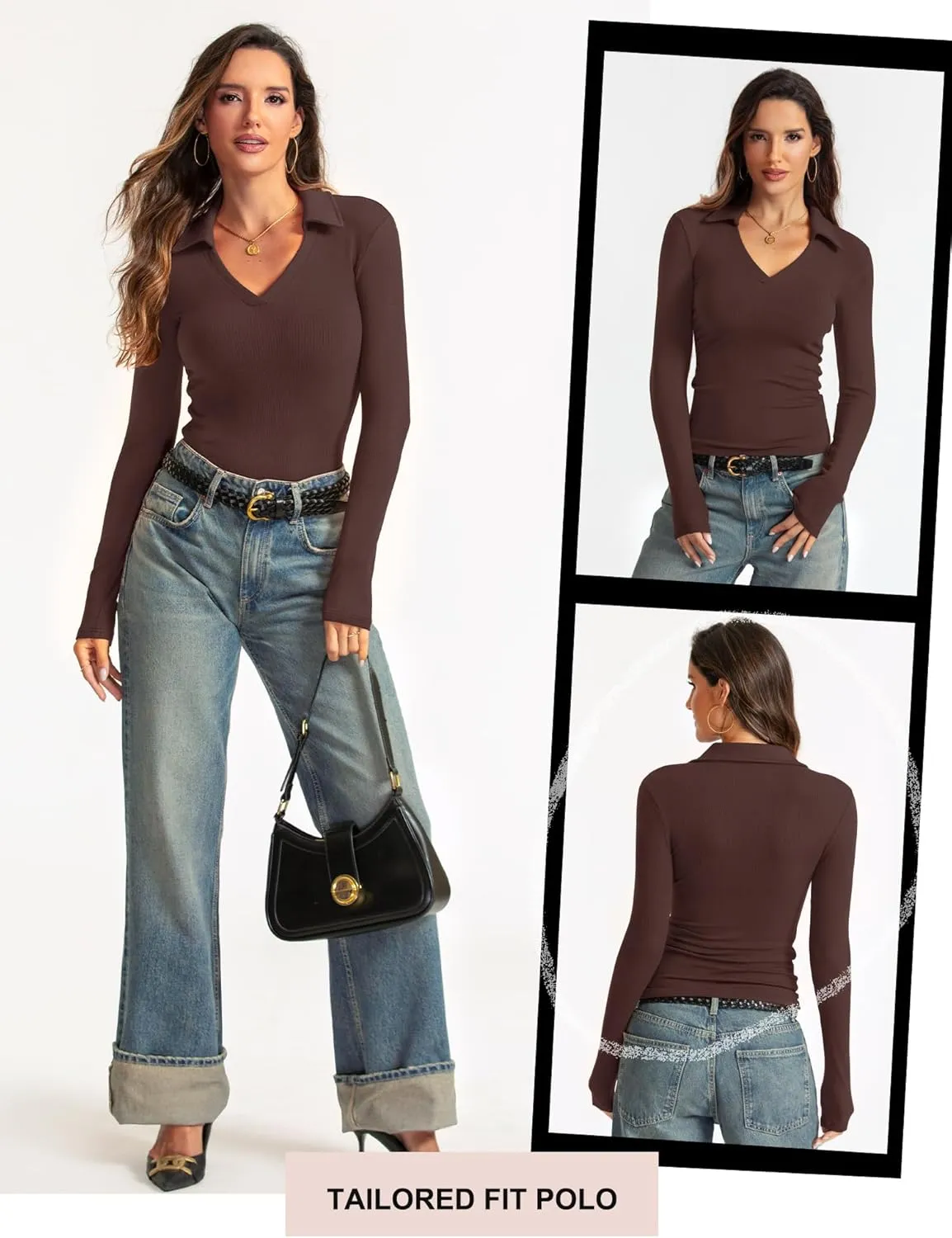 Womens Long Sleeve V Neck Polo Shirts Business Casual Collared Work Top Slim Fitted Basic 2024 Fall Outfit