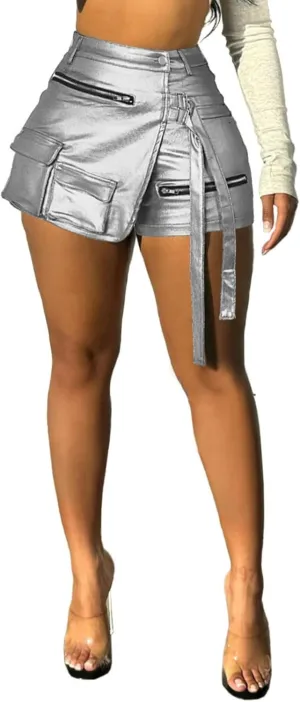 Women's Metallic Sexy Cargo Shorts Elastic High Waist Stretch Hotpants Rave Pants Party Clubwear