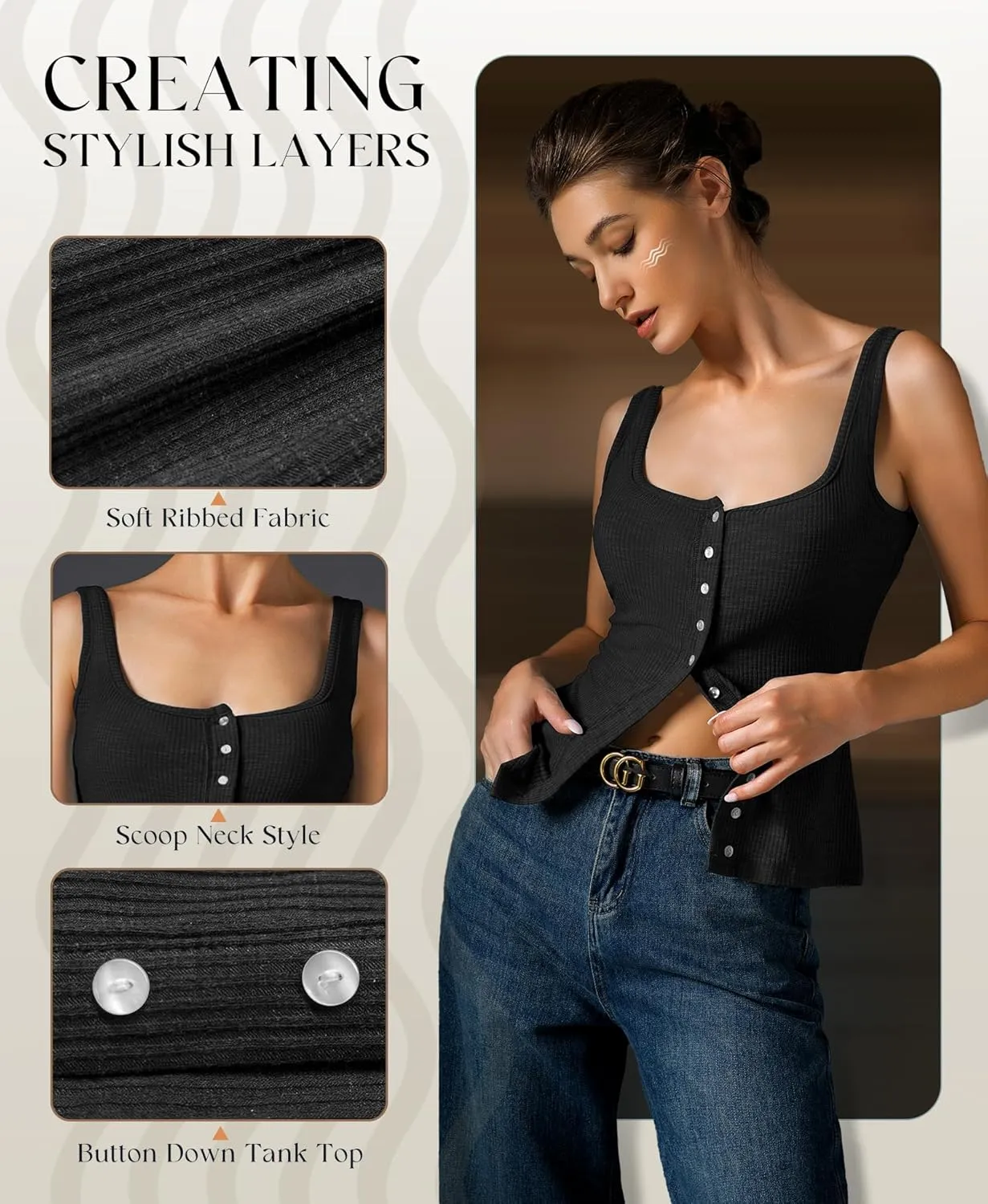 Womens Ribbed Tank Tops - Sleeveless Blouses Button Down Henley Shirts Summer Vest Cami Top