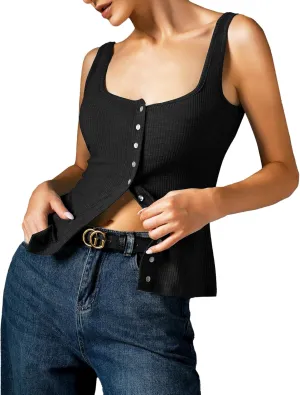 Womens Ribbed Tank Tops - Sleeveless Blouses Button Down Henley Shirts Summer Vest Cami Top