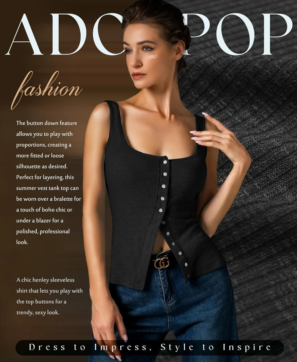 Womens Ribbed Tank Tops - Sleeveless Blouses Button Down Henley Shirts Summer Vest Cami Top
