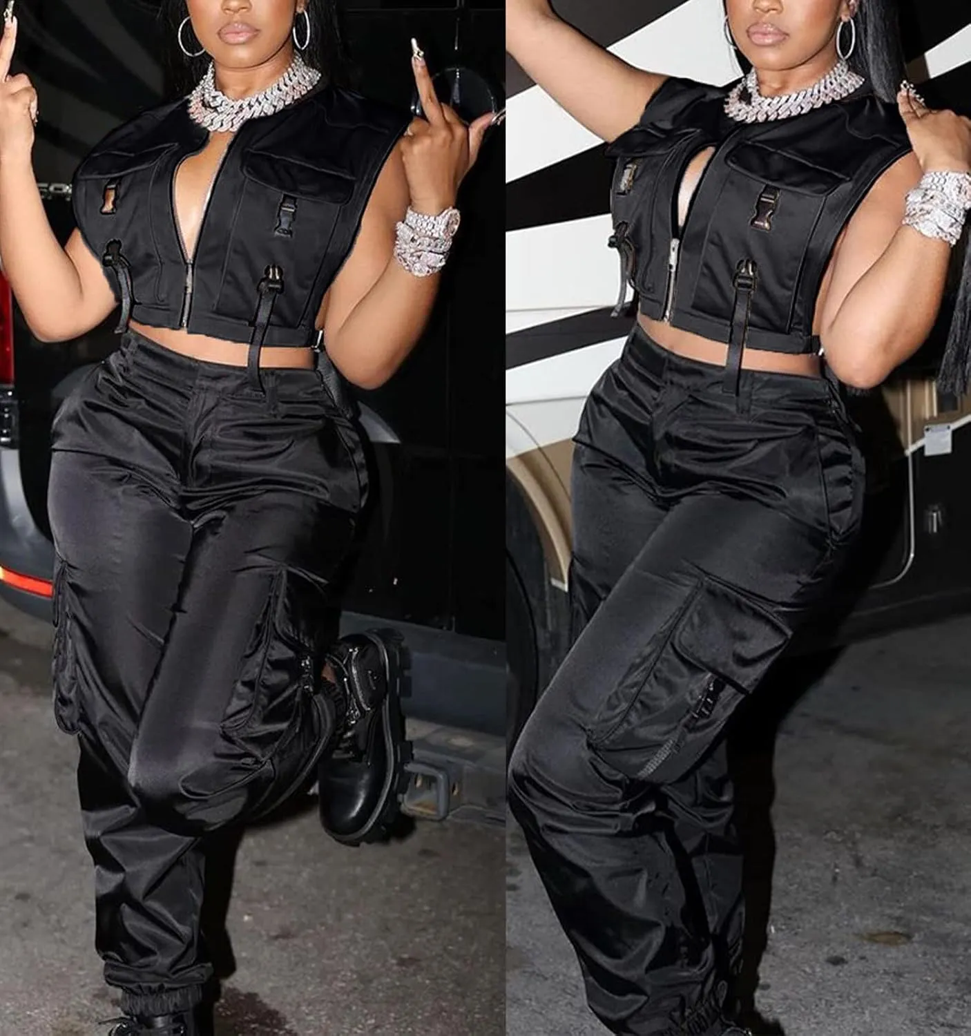 Women's Sexy Crop Cargo Vest Sleeveless Buckle Zip Up Vest Jacket Tops Steampunk Streetwear with Pockets