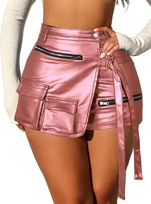 Women's Sexy High Waisted Metallic Faux Leather Wrap Mini Skirt Shorts Plus Size Cargo Skort