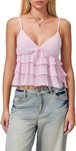 Womens Sexy Lace Camisole Tank Tops Y2k Slim Fit Corset Going Out Streetwear Ruffle Hem Spaghetti Strap Cami Tops