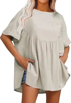 Women's Shirts Casual Mini Ruffle Dress Oversized Short Sleeve Crew Neck Peplum T Shirts Summer Loose Fit Dress with Pockets Beige, Large