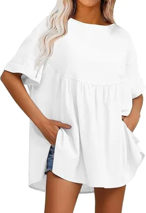 Women's Shirts Casual Mini Ruffle Dress Oversized Short Sleeve Crew Neck Peplum T Shirts Summer Loose Fit Dress with Pockets White, X-Large