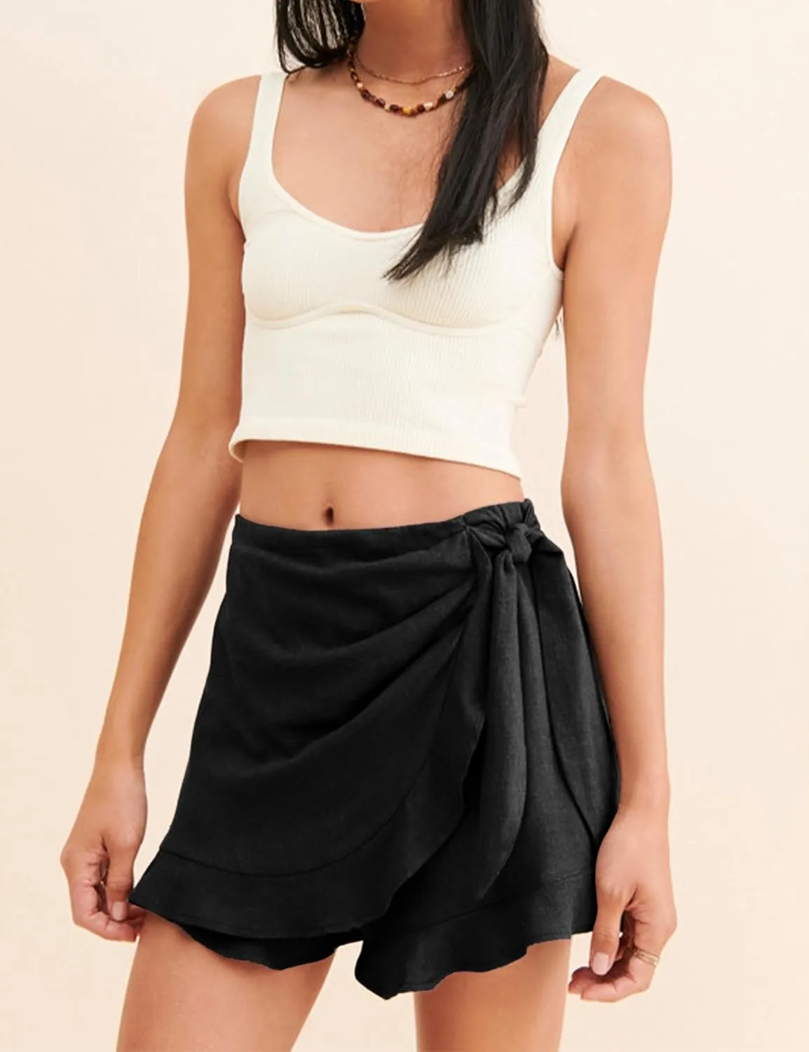 Women's Summer Casual Ruffle Trim High Waist Skort Front Tie Wrap Shorts Skirt Pull On Vacation Skirt