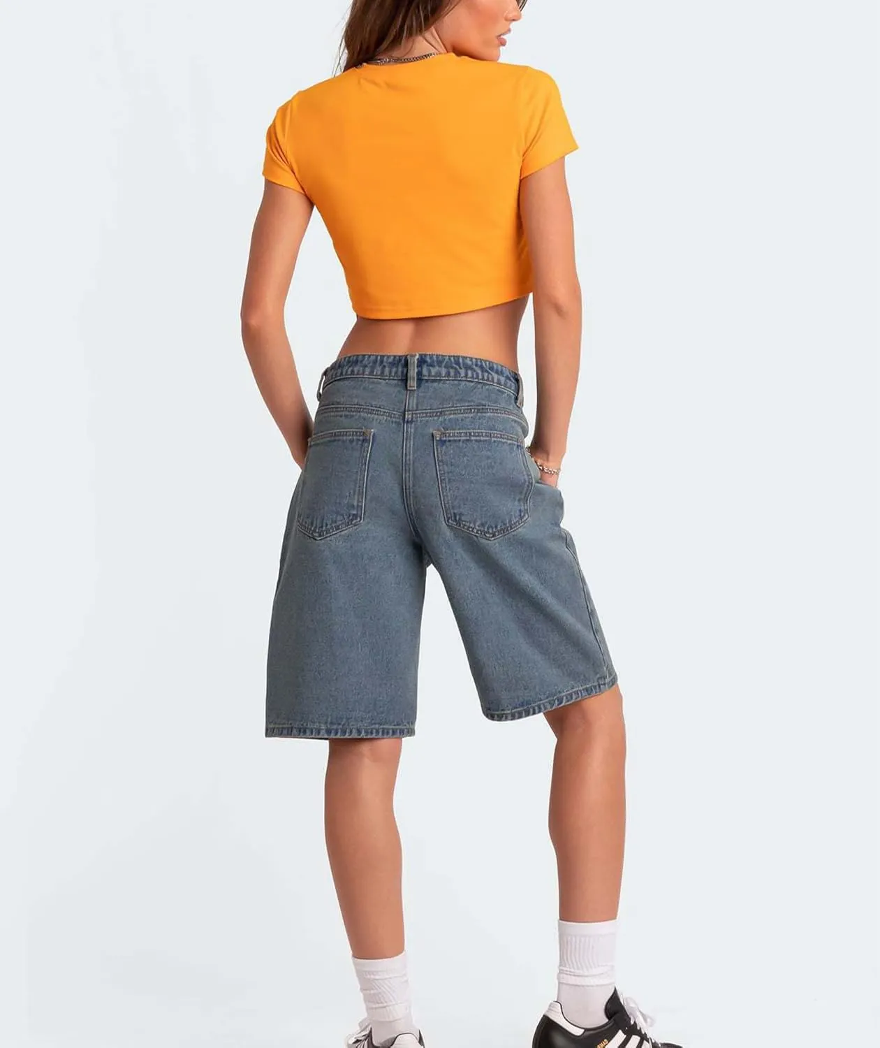 Women's Summer Mid Rise Long Jean Shorts Bermuda Straight Leg Denim Jorts