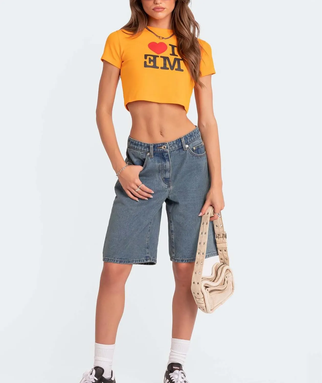 Women's Summer Mid Rise Long Jean Shorts Bermuda Straight Leg Denim Jorts