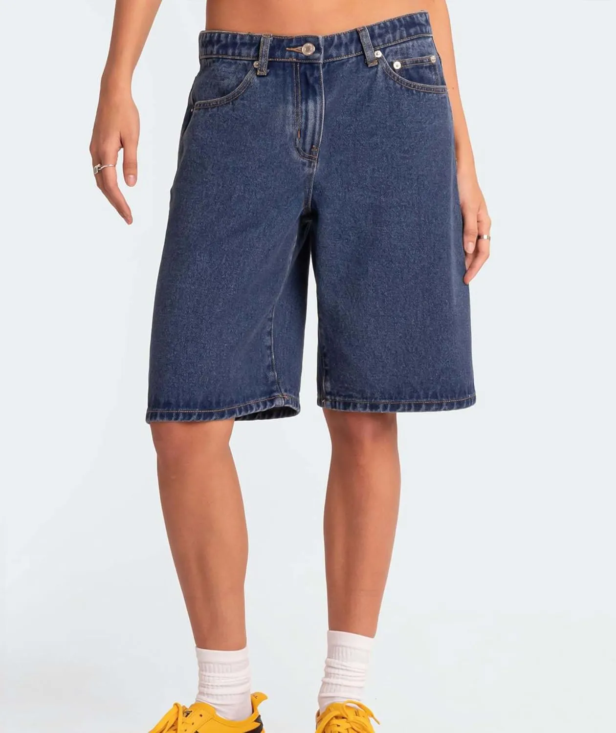 Women's Summer Mid Rise Long Jean Shorts Bermuda Straight Leg Denim Jorts
