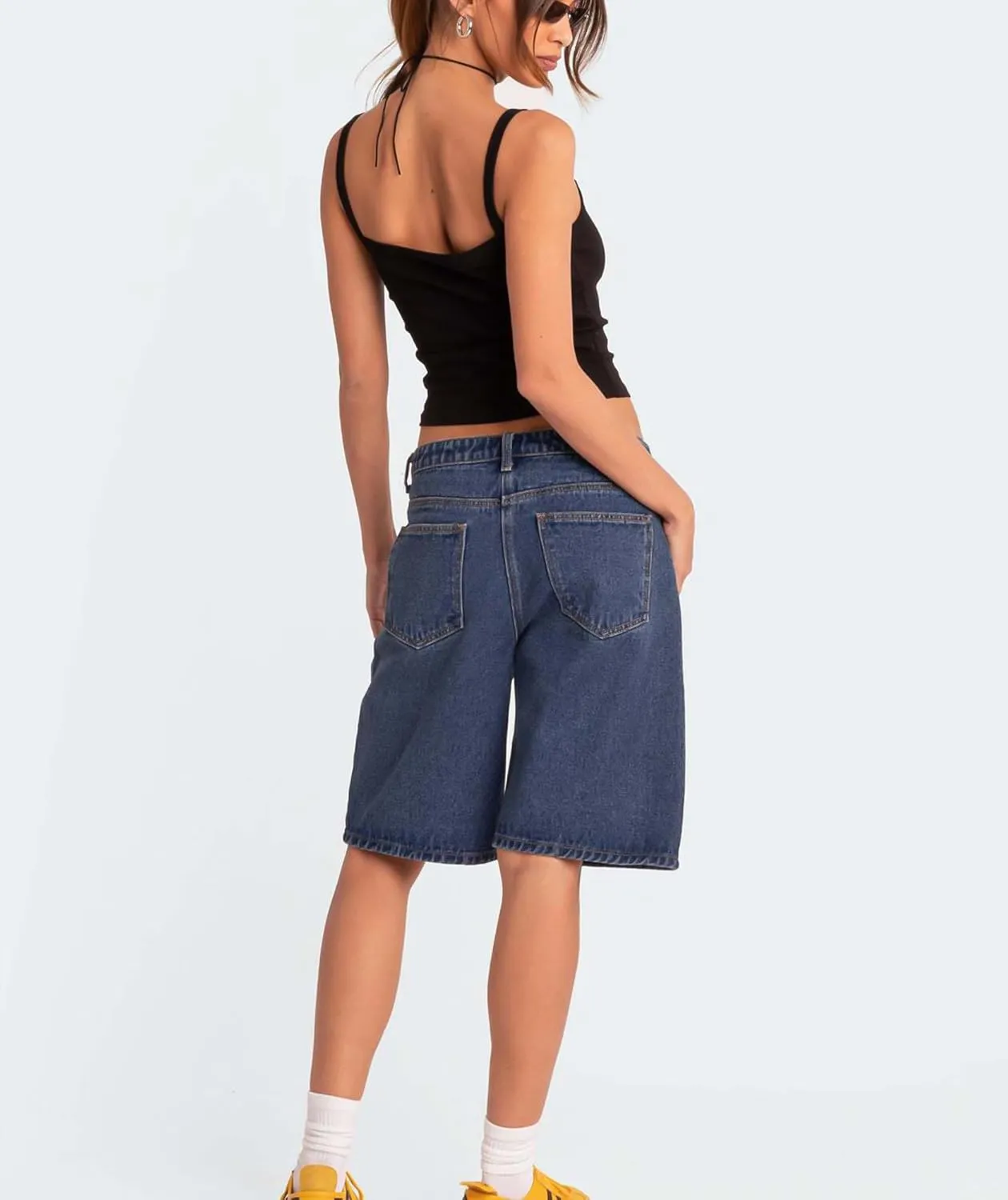 Women's Summer Mid Rise Long Jean Shorts Bermuda Straight Leg Denim Jorts