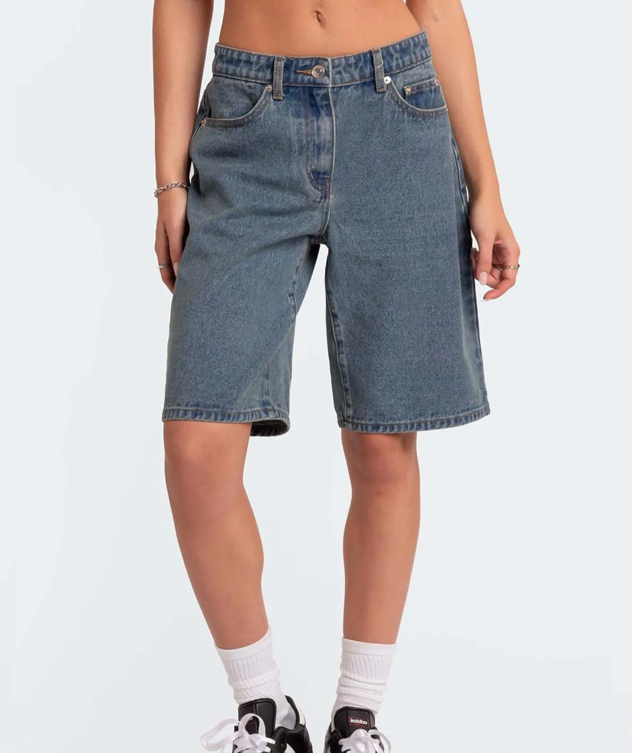 Women's Summer Mid Rise Long Jean Shorts Bermuda Straight Leg Denim Jorts