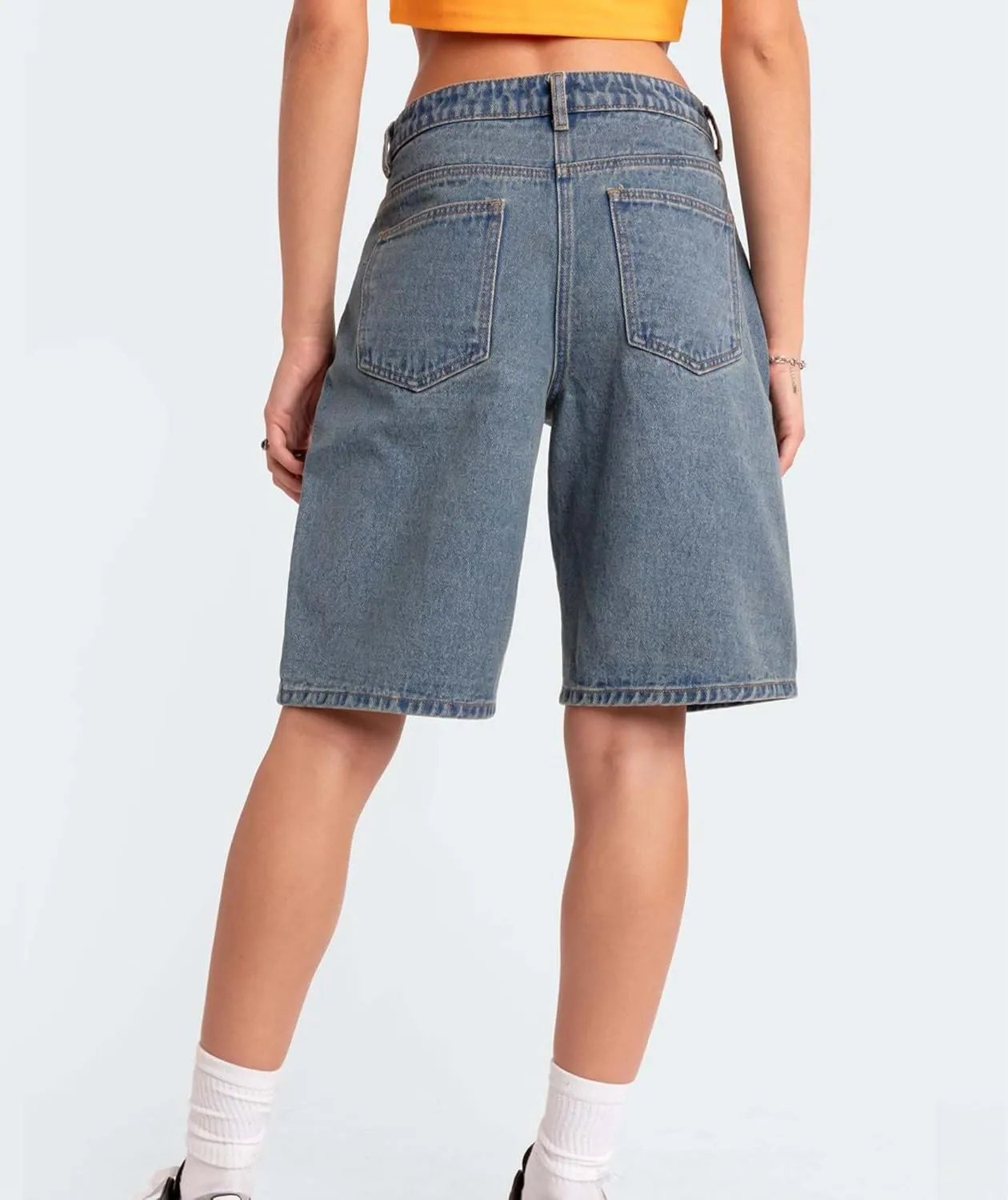 Women's Summer Mid Rise Long Jean Shorts Bermuda Straight Leg Denim Jorts