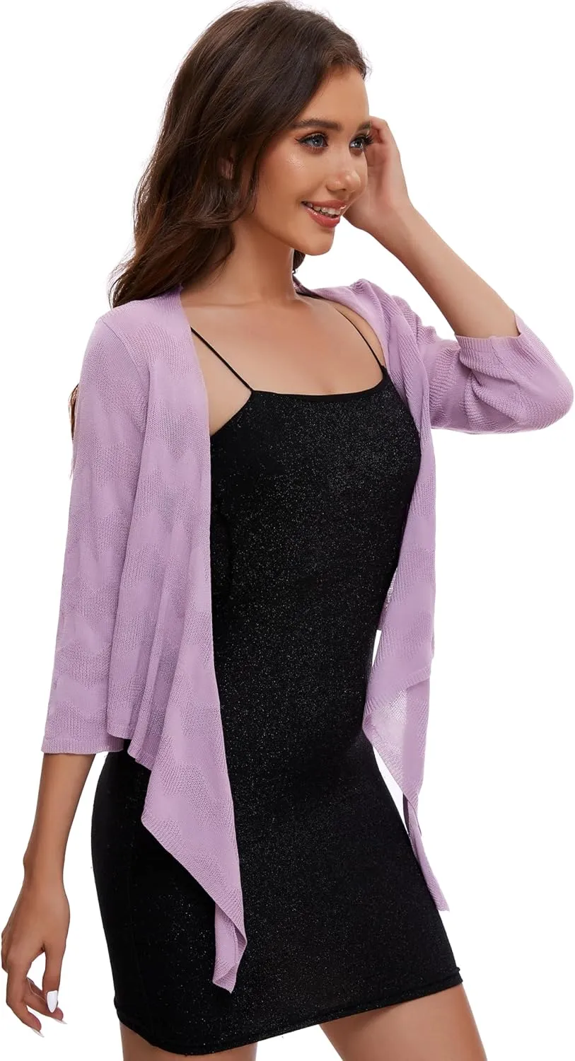 Women's Tie Front Bolero Cardigan Shrug Sweater 3/4 Sleeve Knotted Lightweight Short Shawl Top