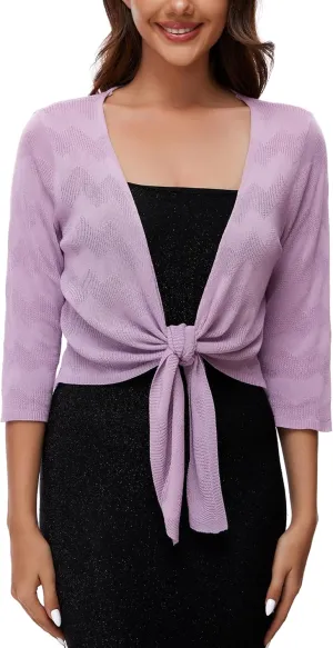 Women's Tie Front Bolero Cardigan Shrug Sweater 3/4 Sleeve Knotted Lightweight Short Shawl Top