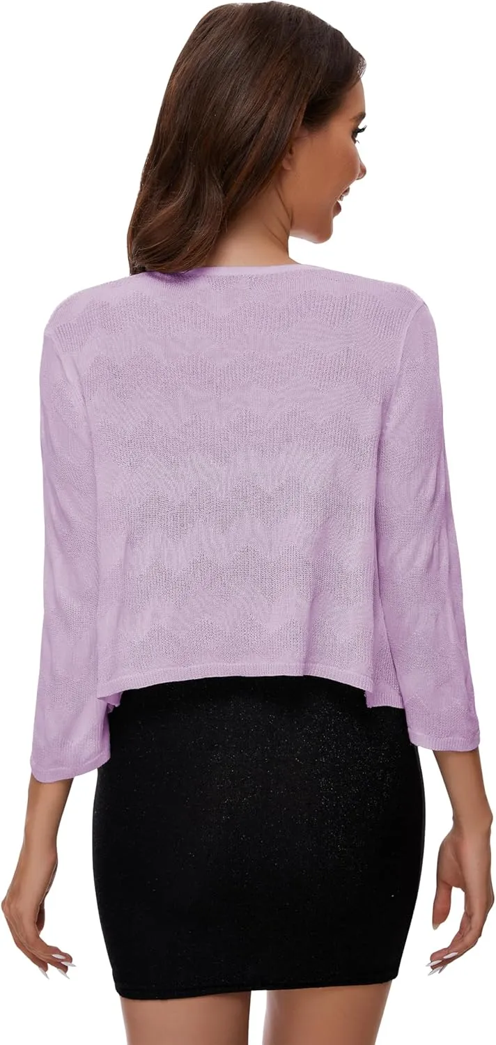 Women's Tie Front Bolero Cardigan Shrug Sweater 3/4 Sleeve Knotted Lightweight Short Shawl Top