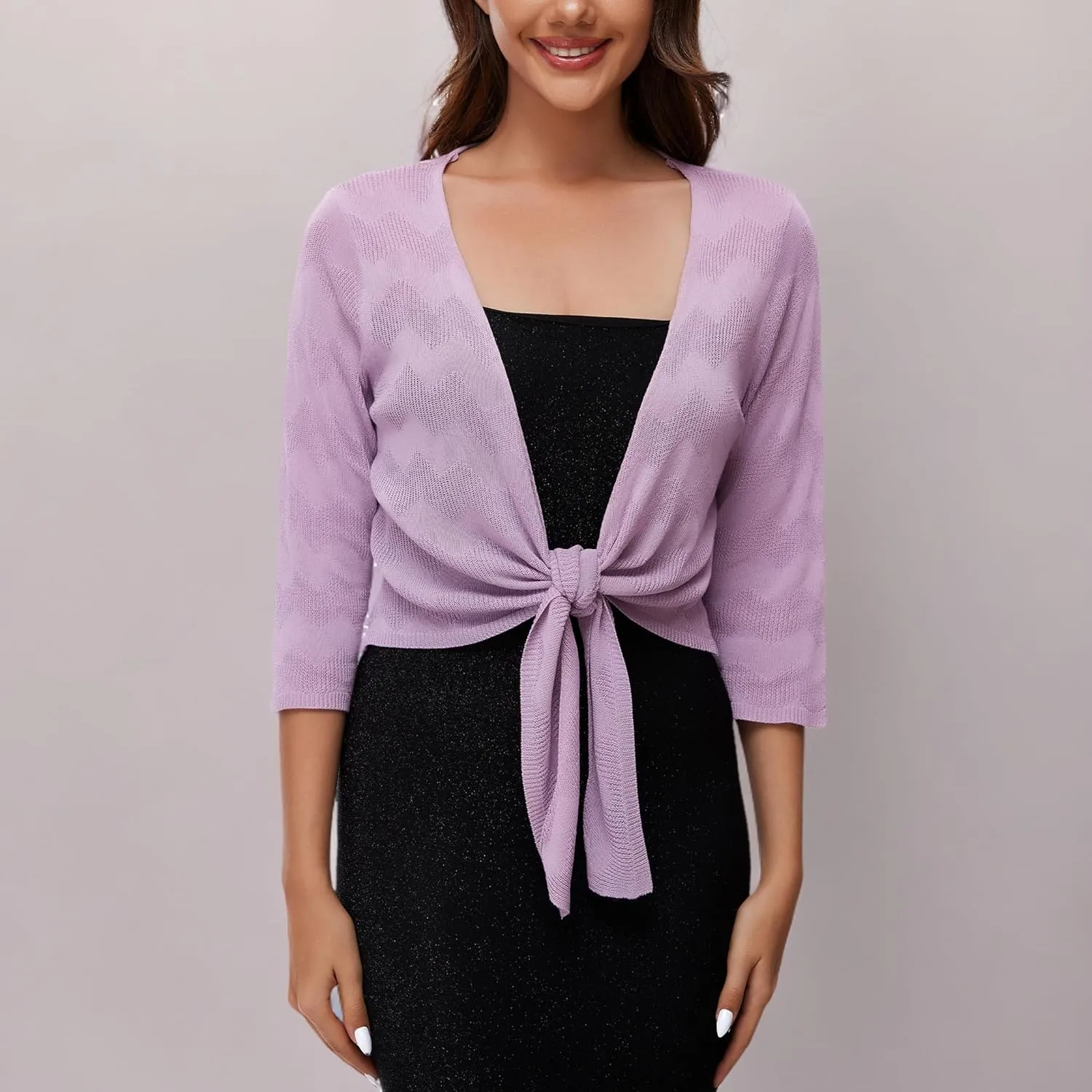 Women's Tie Front Bolero Cardigan Shrug Sweater 3/4 Sleeve Knotted Lightweight Short Shawl Top