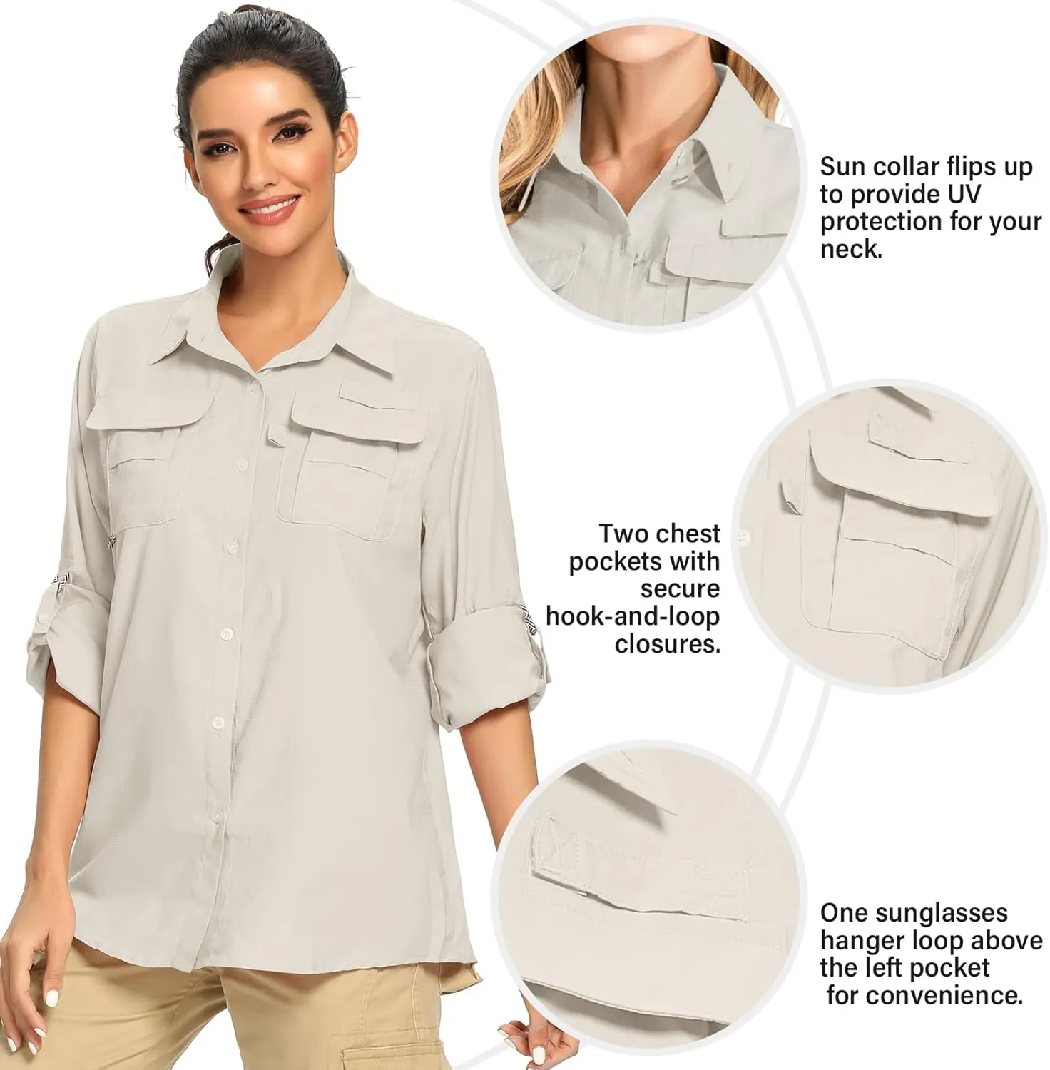 Women's UPF 50  UV Sun Protection Safari Shirt, Long Sleeve Outdoor Cool Quick Dry Fishing Hiking Gardening Shirts