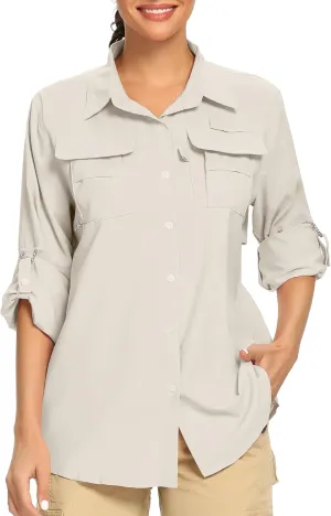 Women's UPF 50  UV Sun Protection Safari Shirt, Long Sleeve Outdoor Cool Quick Dry Fishing Hiking Gardening Shirts