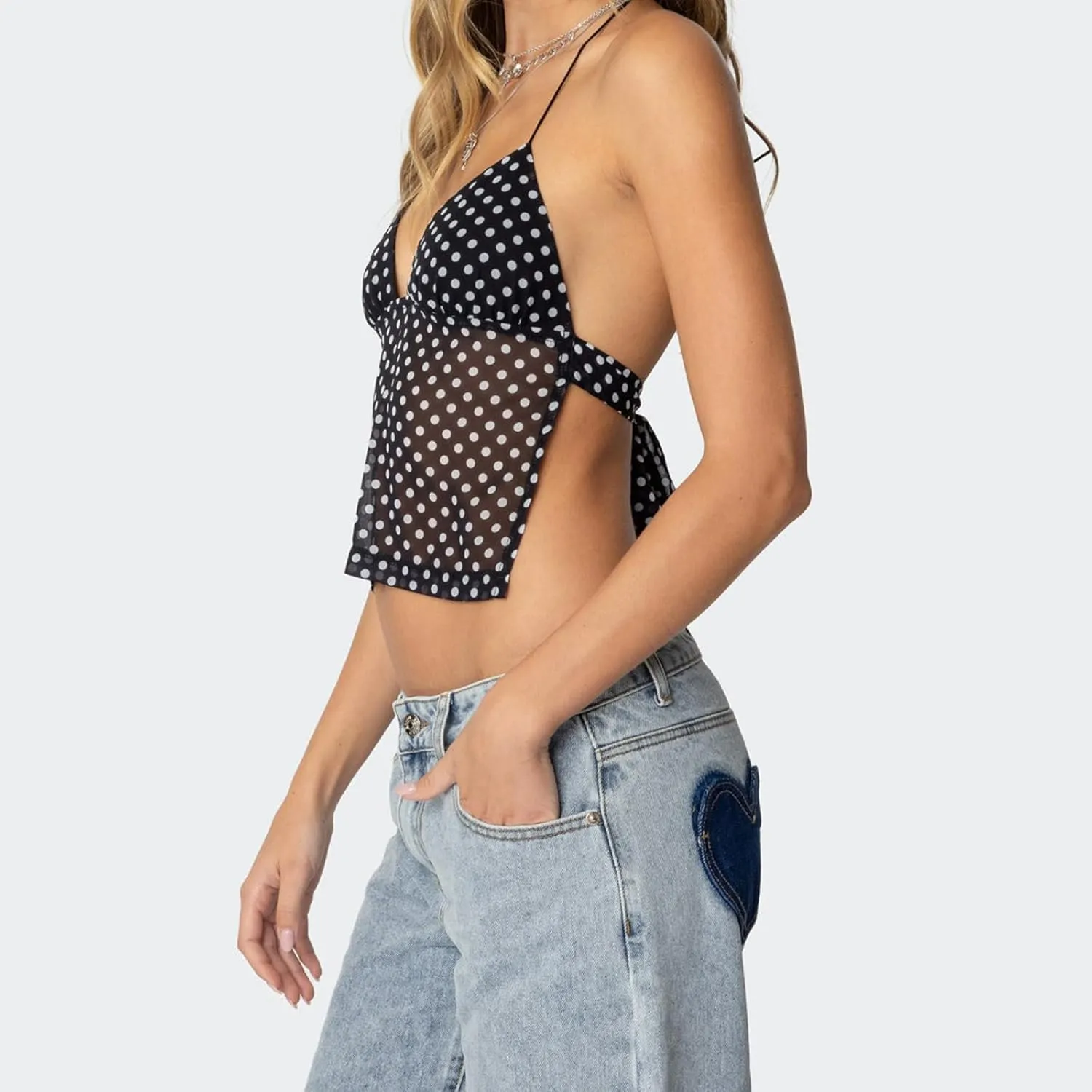 Y2k Tank Top Women Sexy Spaghetti Strap Sleeveless Backless Camisole Mesh Low V Neck Lace Trim Crop Cami Going Out