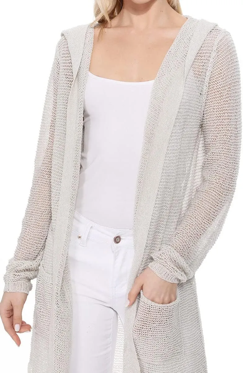YEMAK Women's Summer Kimono Style Long Sleeve Knitted Open-Front Cardigan Sweater with Pockets - Perfect Beach Cover Up