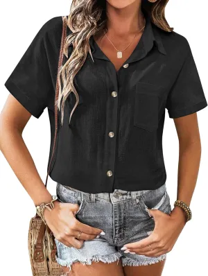 Zeagoo Womens Button Down Linen Shirt Short Sleeve Cotton Blouse Summer Casual Loose Fit Beach Tops S-2XL