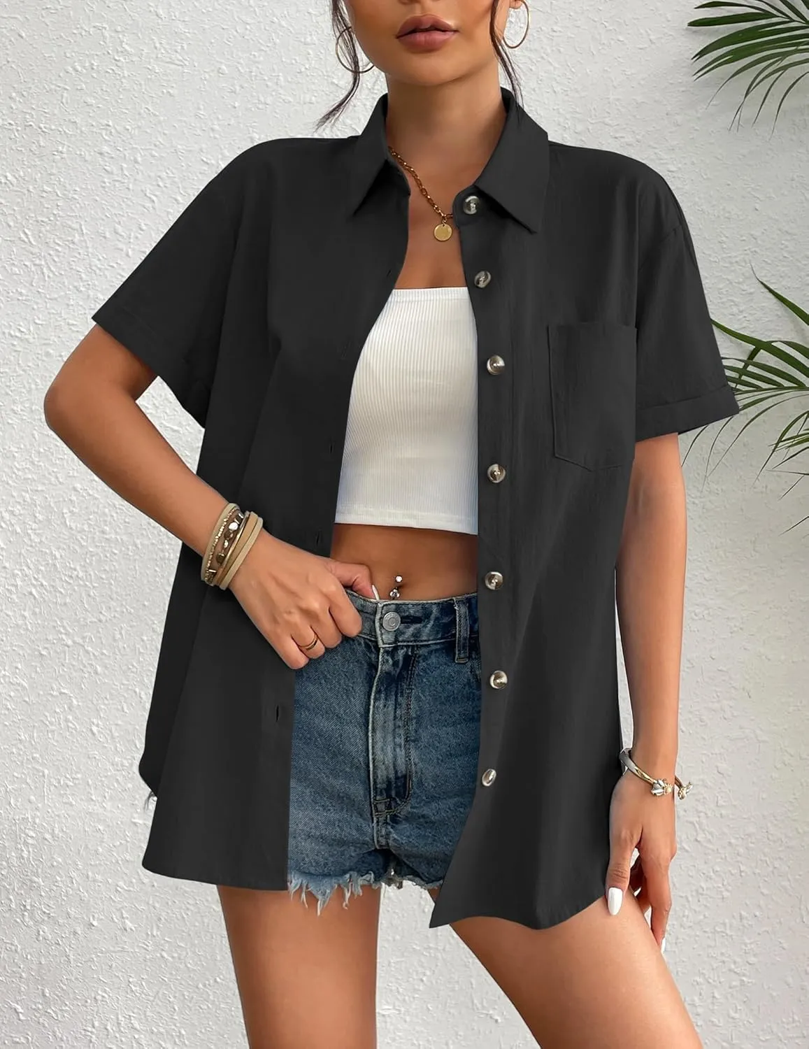 Zeagoo Womens Button Down Linen Shirt Short Sleeve Cotton Blouse Summer Casual Loose Fit Beach Tops S-2XL