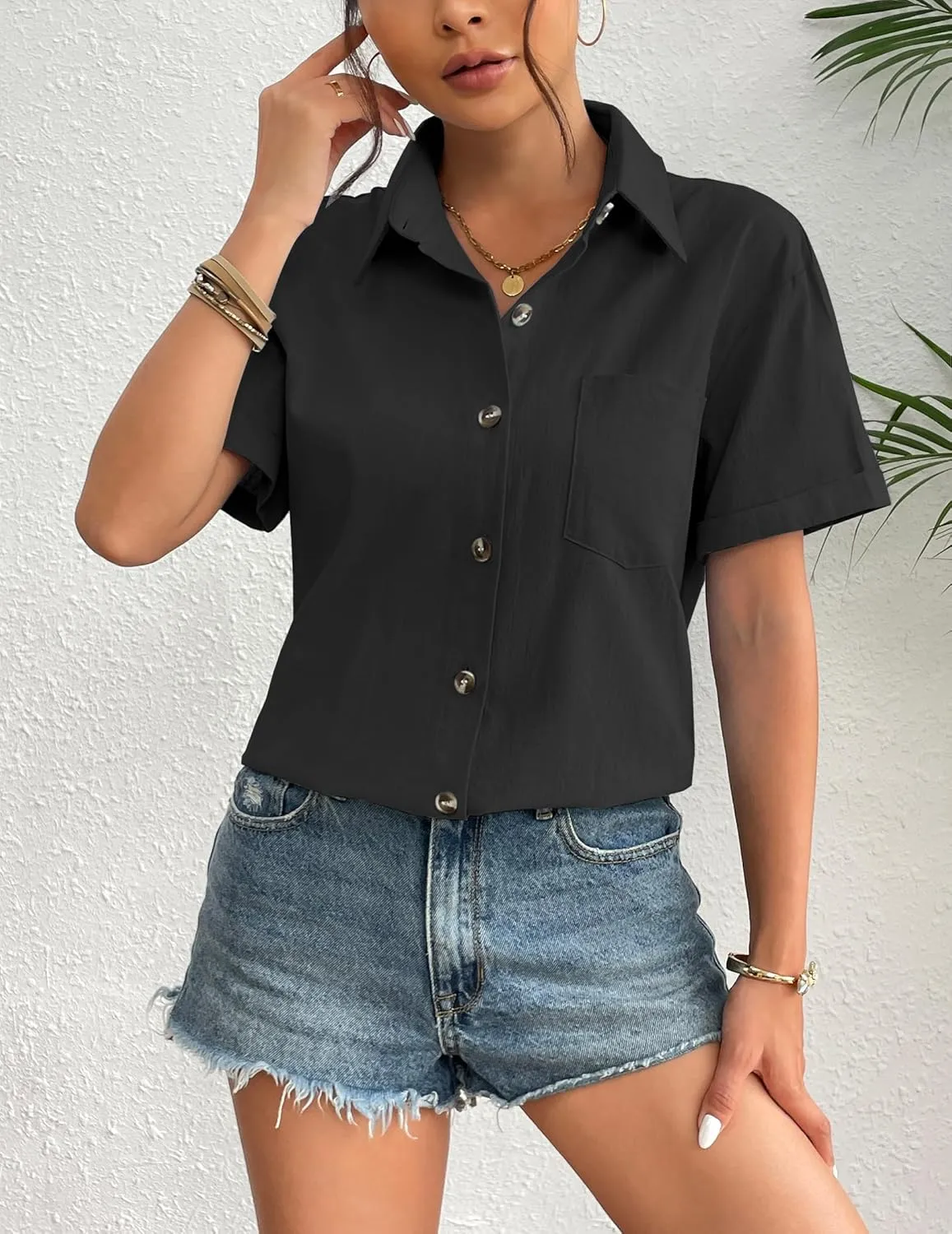 Zeagoo Womens Button Down Linen Shirt Short Sleeve Cotton Blouse Summer Casual Loose Fit Beach Tops S-2XL