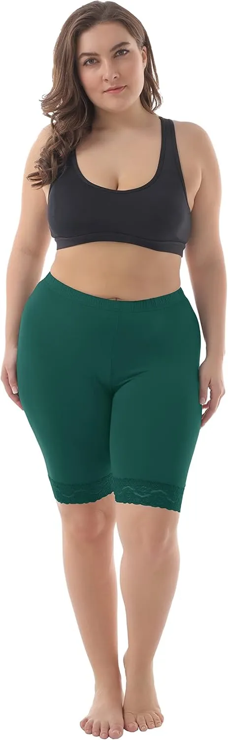 ZERDOCEAN Women's Plus Size Soft Basic Mid Thigh Shorts Leggings with Lace Trim