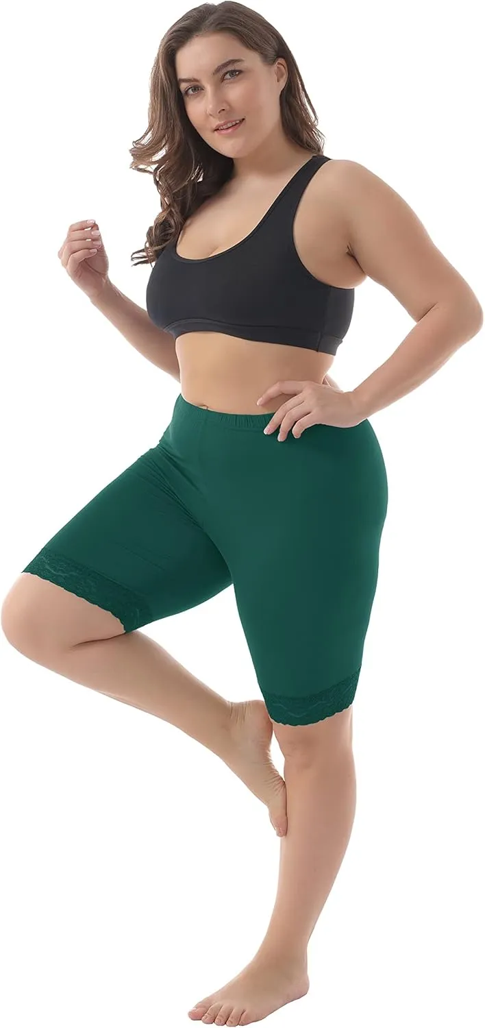ZERDOCEAN Women's Plus Size Soft Basic Mid Thigh Shorts Leggings with Lace Trim