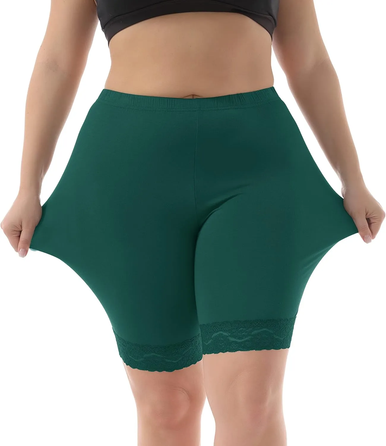 ZERDOCEAN Women's Plus Size Soft Basic Mid Thigh Shorts Leggings with Lace Trim