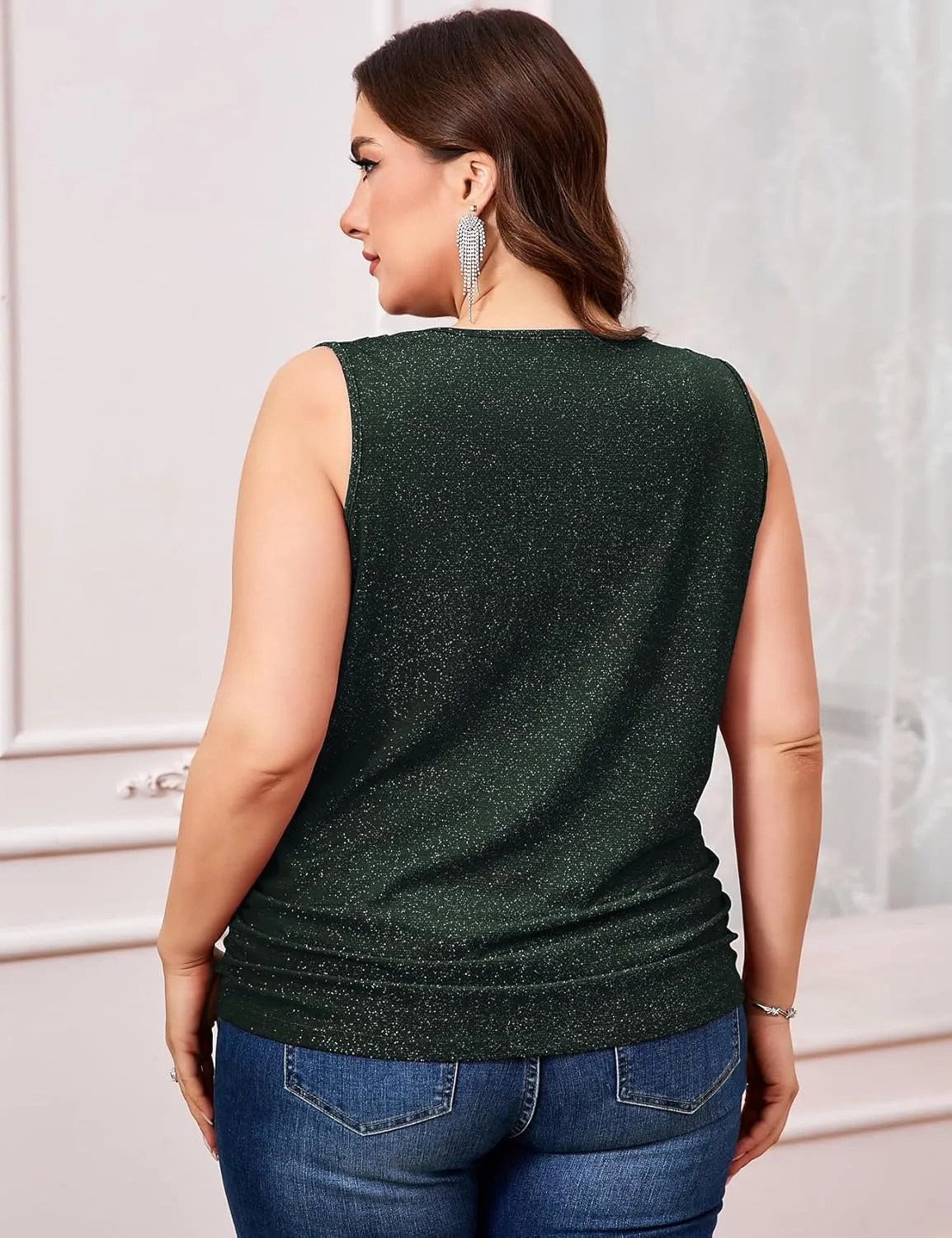 ZOMVA Plus Size 0X-4X Sparkly Glitter Ruched Tops Cowl Neck Sparkle Sequin Shirts with Side Shirring Cocktail Party Outfits