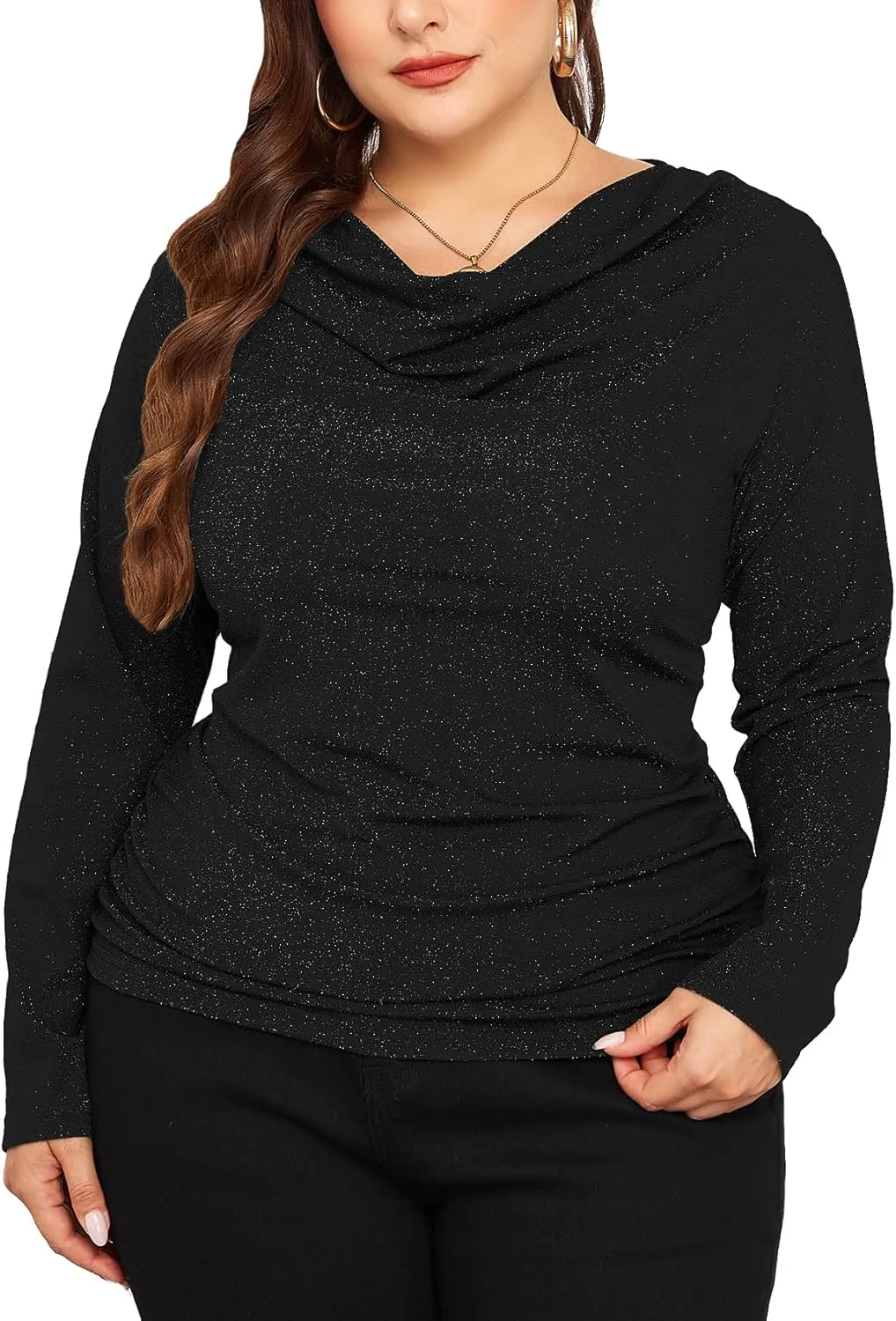 ZOMVA Plus Size 0X-4X Sparkly Glitter Ruched Tops Cowl Neck Sparkle Sequin Shirts with Side Shirring Cocktail Party Outfits