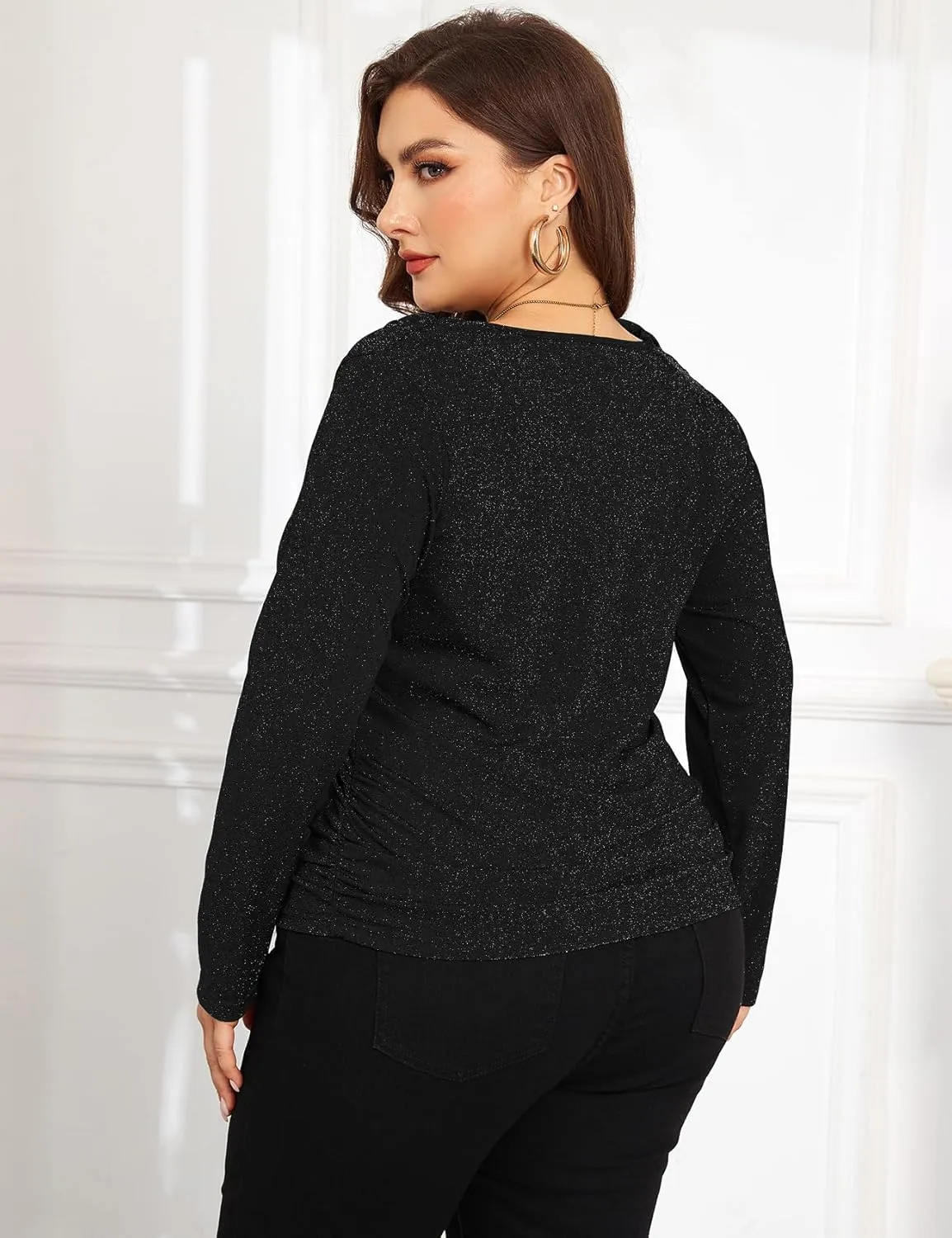 ZOMVA Plus Size 0X-4X Sparkly Glitter Ruched Tops Cowl Neck Sparkle Sequin Shirts with Side Shirring Cocktail Party Outfits